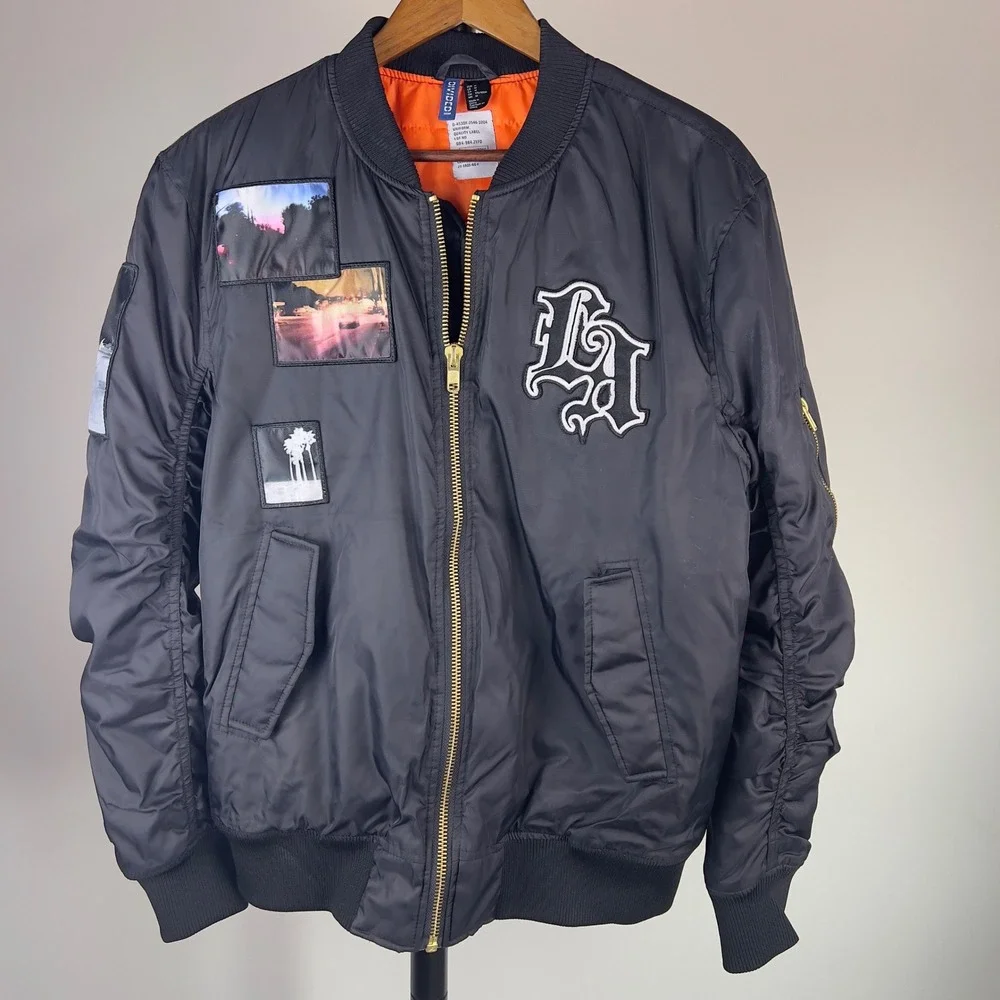 HM Divided Mens LA Patch Bomber Jacket Black Orange Lining Medium Streetwear MA1